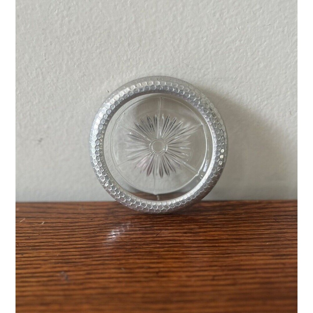 HAMMERED ALUMINUM CUT GLASS ASHTRAY SUNBURST DESIGN MID-CENTURY MODERN RETRO